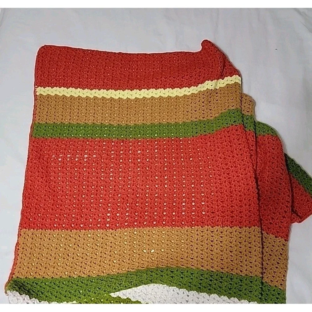 Large Handmade Crocheted Afghan, Orange Yellow Brown Green Stripes, 56‎ X 72